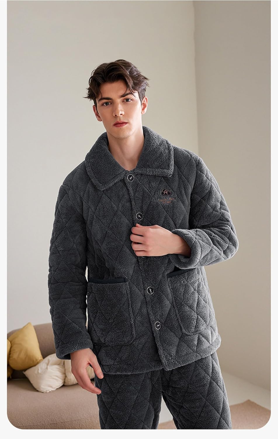 スポーティなフード付き肥厚サンゴフリースパジャマメンズソリッド